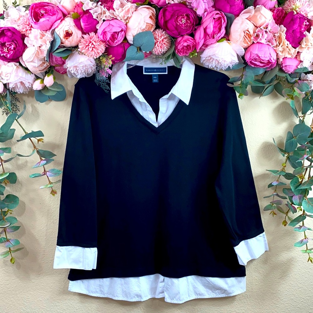 •KAREN SCOTT• {black} Long Sleeved |V-neck| Shirt Crisp [white] Collar & Cuffs